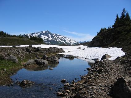 Landscape photo of lake and mountain.