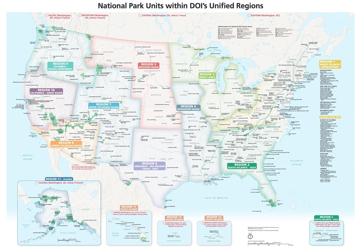 Map of the National Park Service's Unified Regions; detailed alt text is on the webpage next to the image