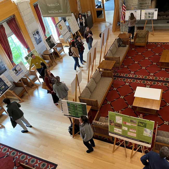 Spotlight_2024_posters_sq Looking down from above as people discuss posters in a hotel lobby like setting