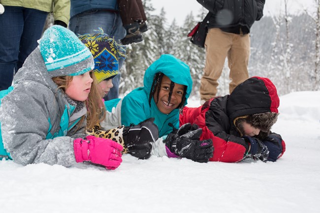 MORA Fisher release Four children lie in the snow