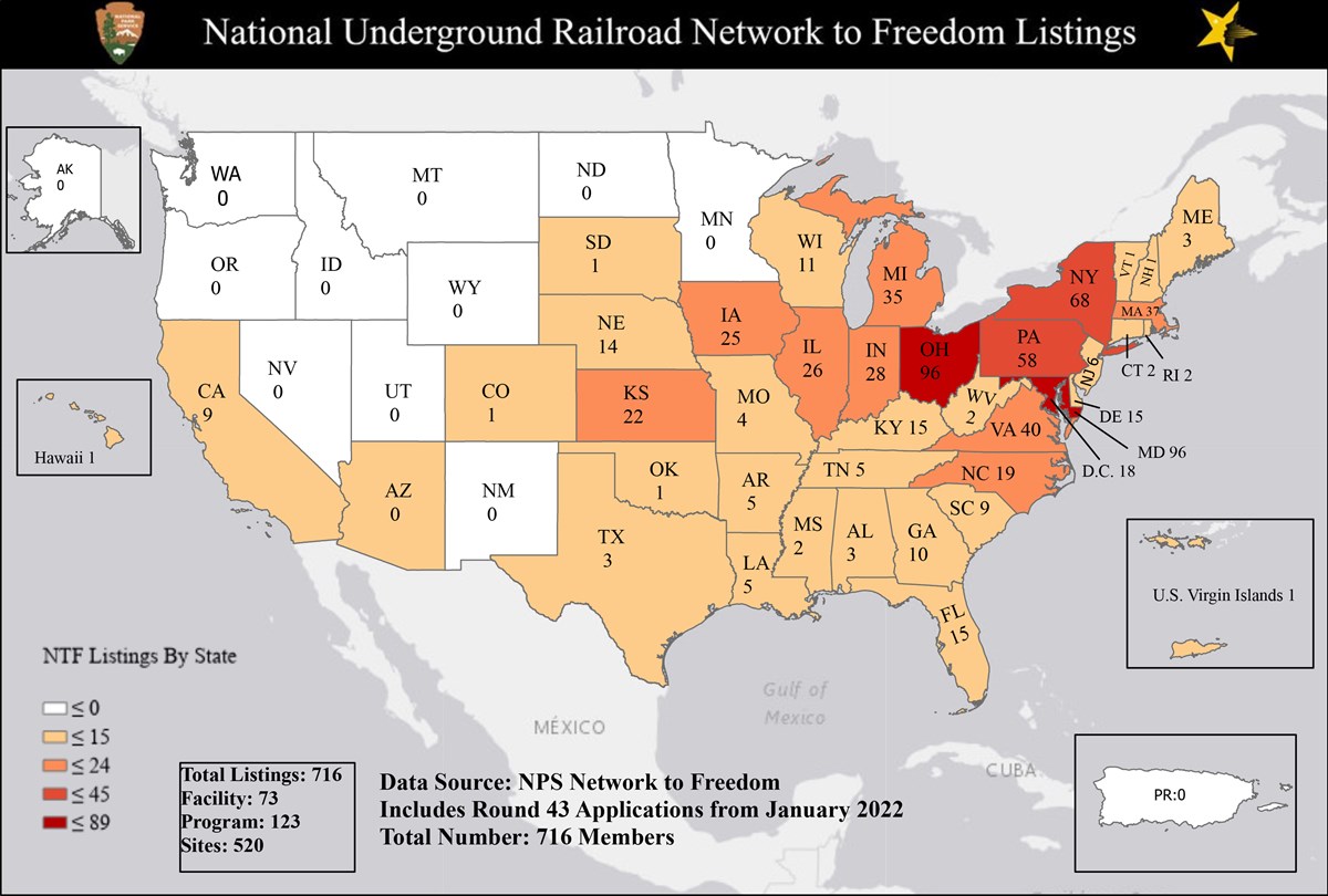 Map of the United States, Puerto Rico, and Hawaii with the number of Network to Freedom Listings in each state.