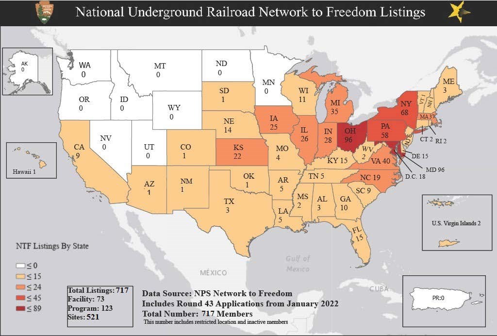 Map of the United States, Puerto Rico, and Hawaii with the number of Network to Freedom Listings in each state.
