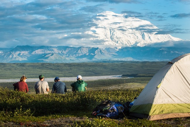 camping at denali - nps photo Kent Miller Four people sit by a tent in a grassy field that overlooks a valley, with a large mountain in the distance.