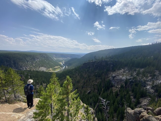 A hiker with a backpack and hat stands at an overlook above a forested valley with a river through it.