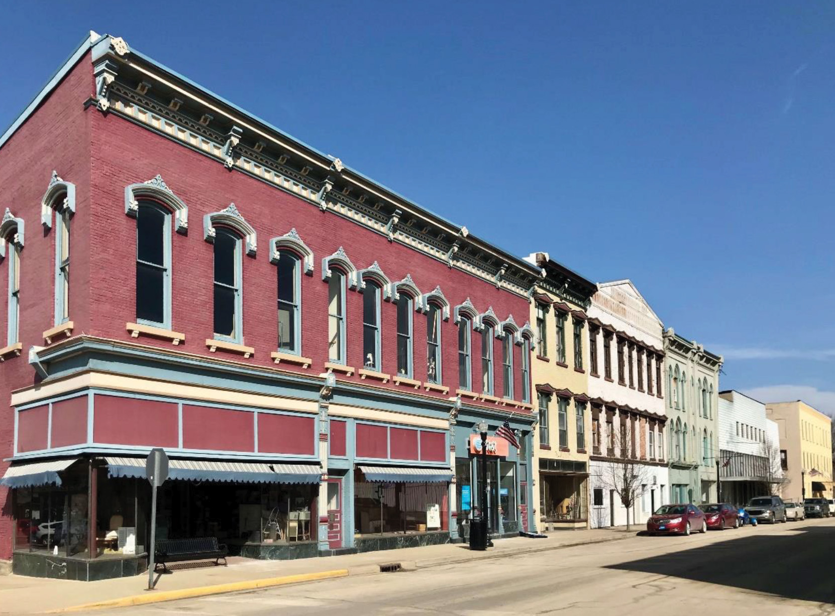 Row of historic store fronts in Indiana