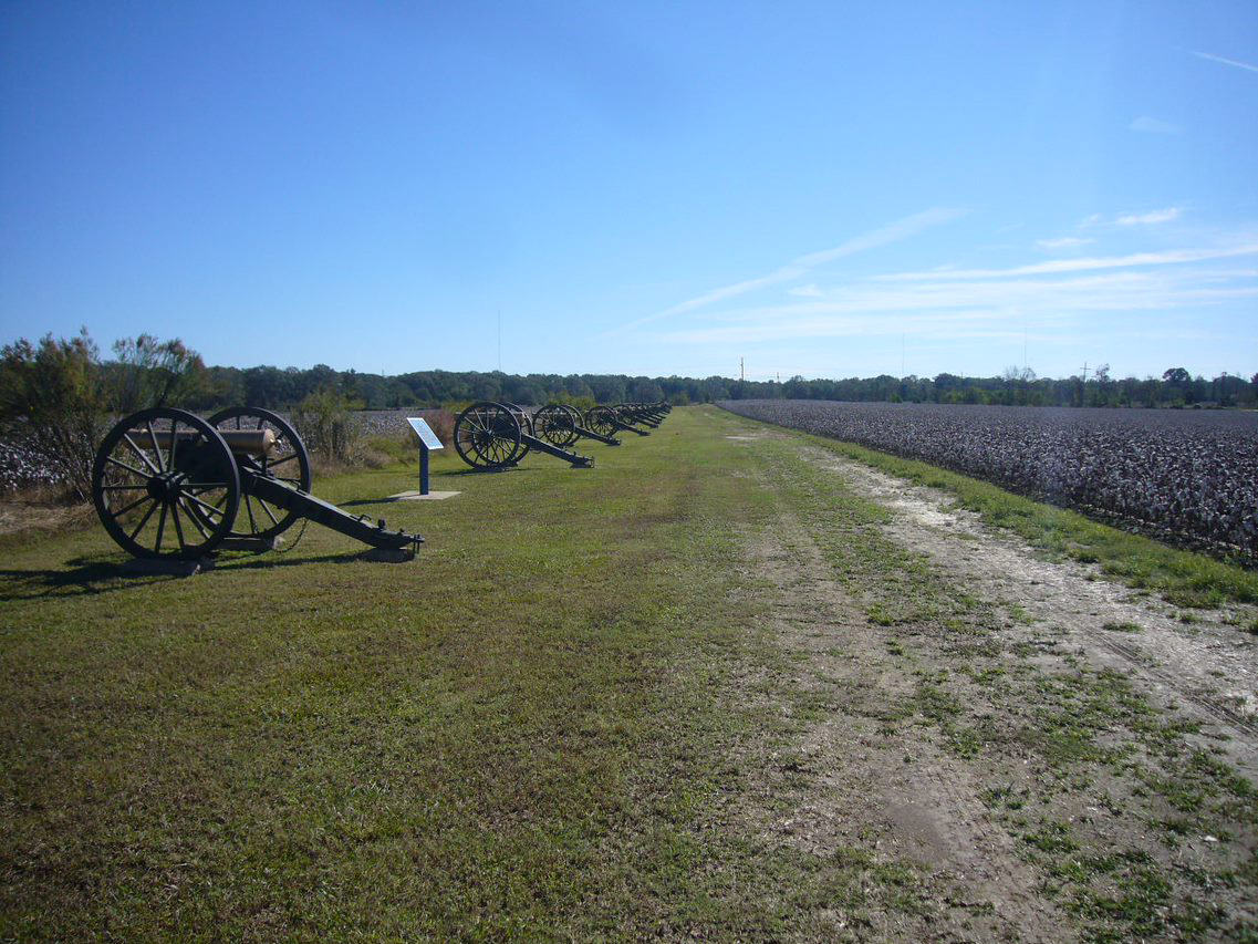 View of agricultural fields bounded by trees and a line and cannon commemorating the Raymond Battlefield.
