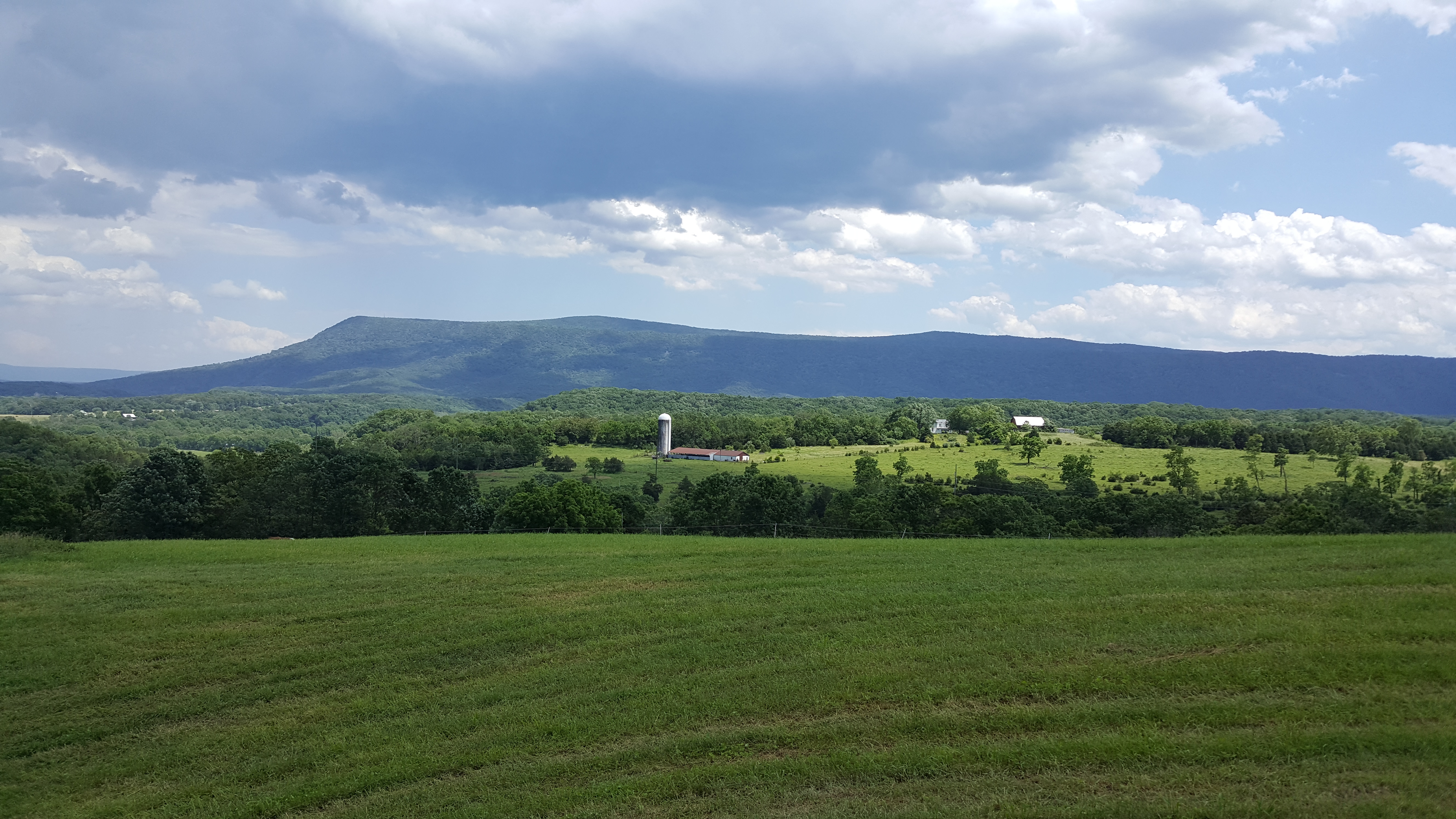 Large open green field in front of scenic mountain range.