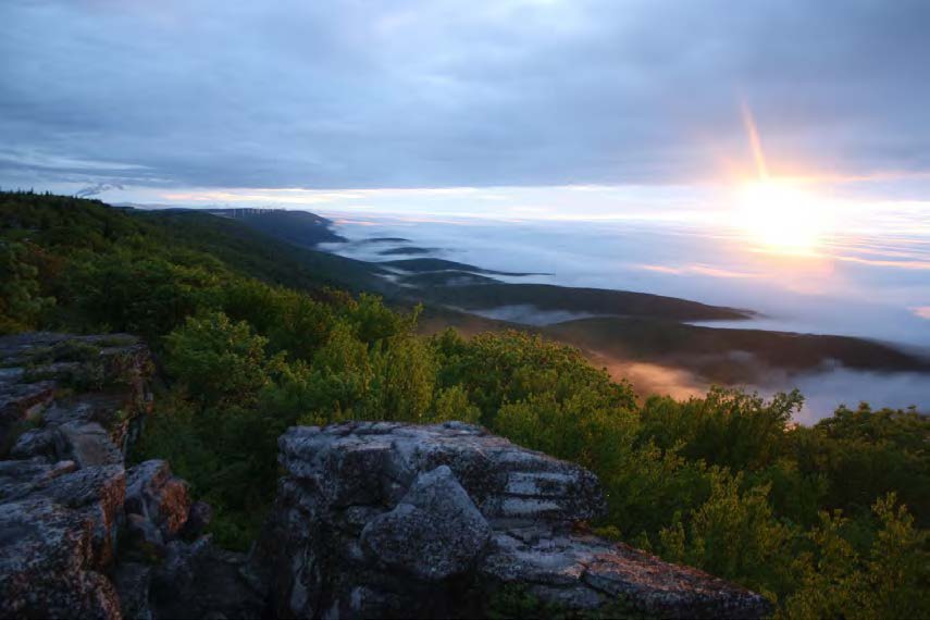 Sunset on an overcast and foggy day on a rocky ridgeline overlooking forest land.