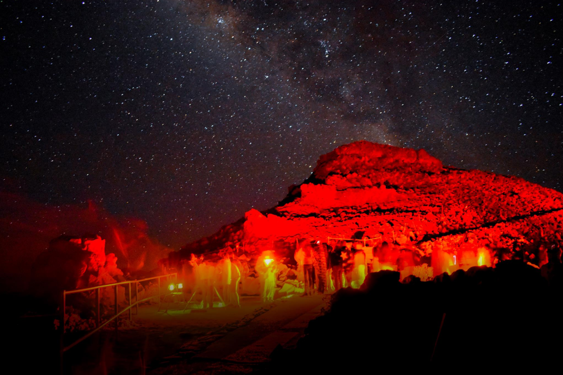 A group of people with lanterns that cast a red hue on a rock formation beneath a dark, night sky lit up with stars.