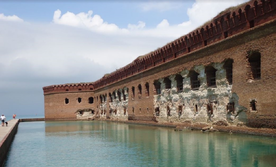Brick exterior wall of Fort Jefferson showing signs of flooding damage