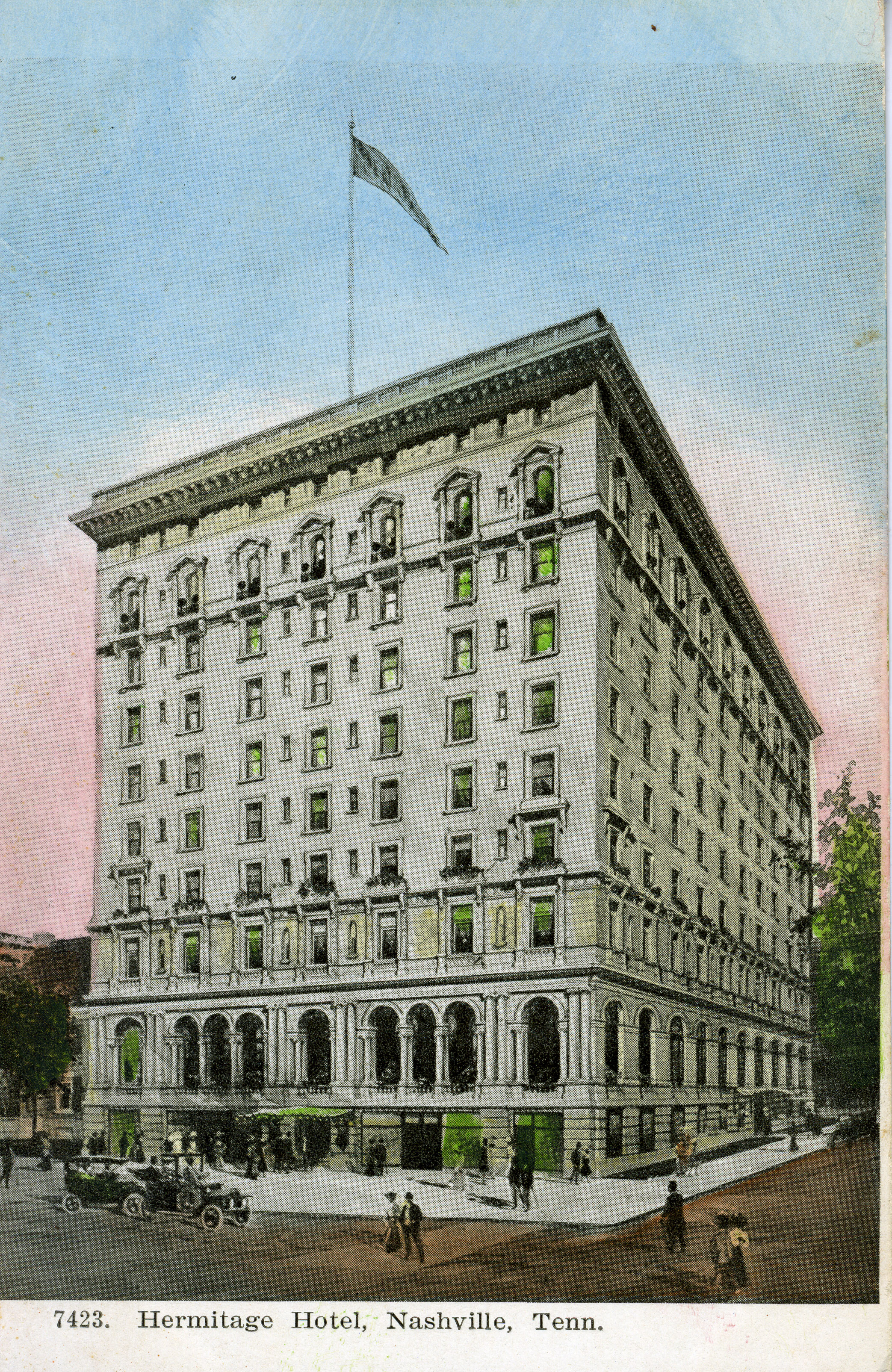 A painted depiction of a tall, white building with many windows and horse-drawn carriages in front. Text on the bottom of the image says "7423 Hermitage Hotel, Nashville, Tennessee"