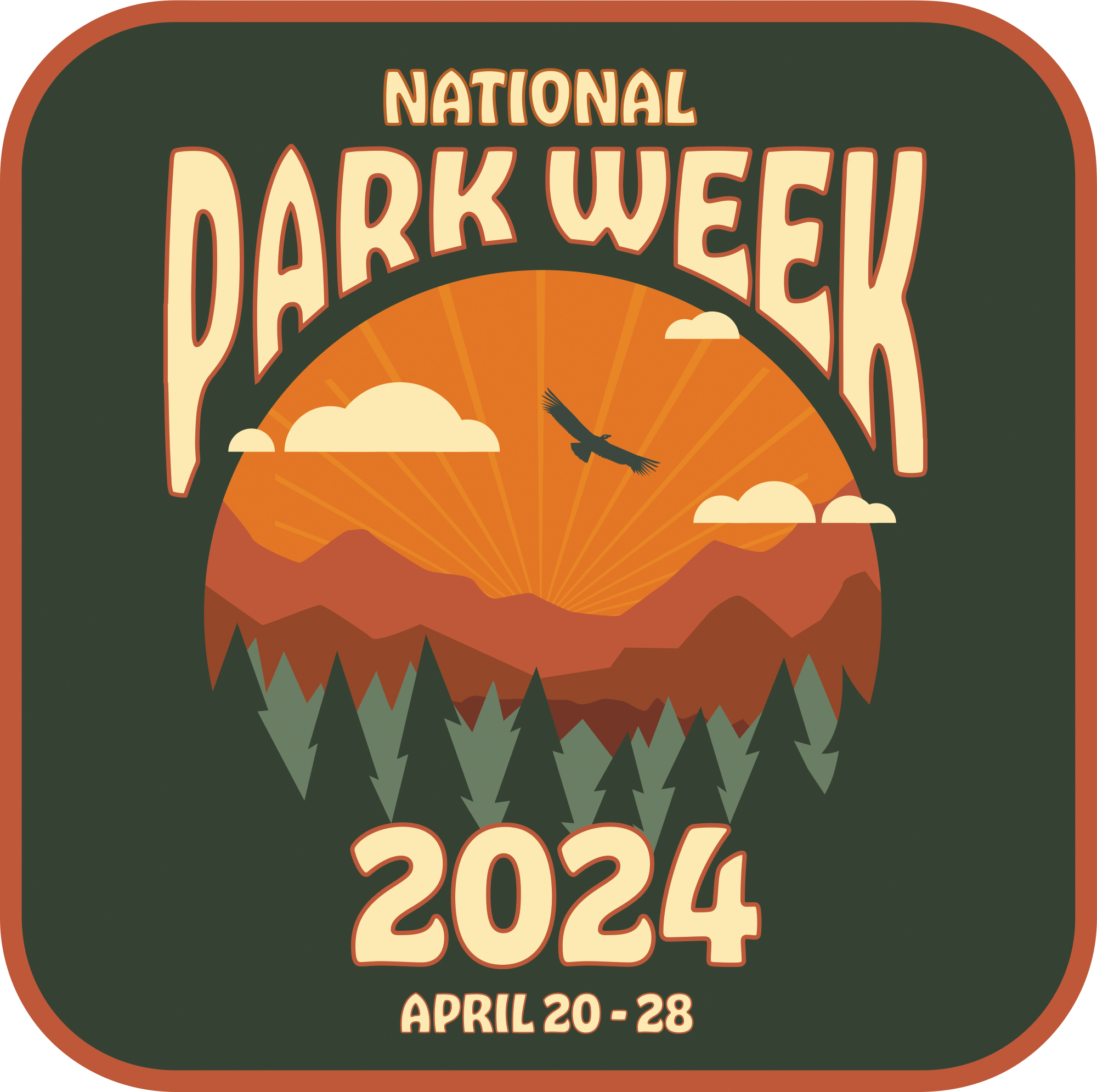 A graphic with the words National Park Week 2024- April 20-28 and a design that depicts a sunrise over trees and a mountain range.