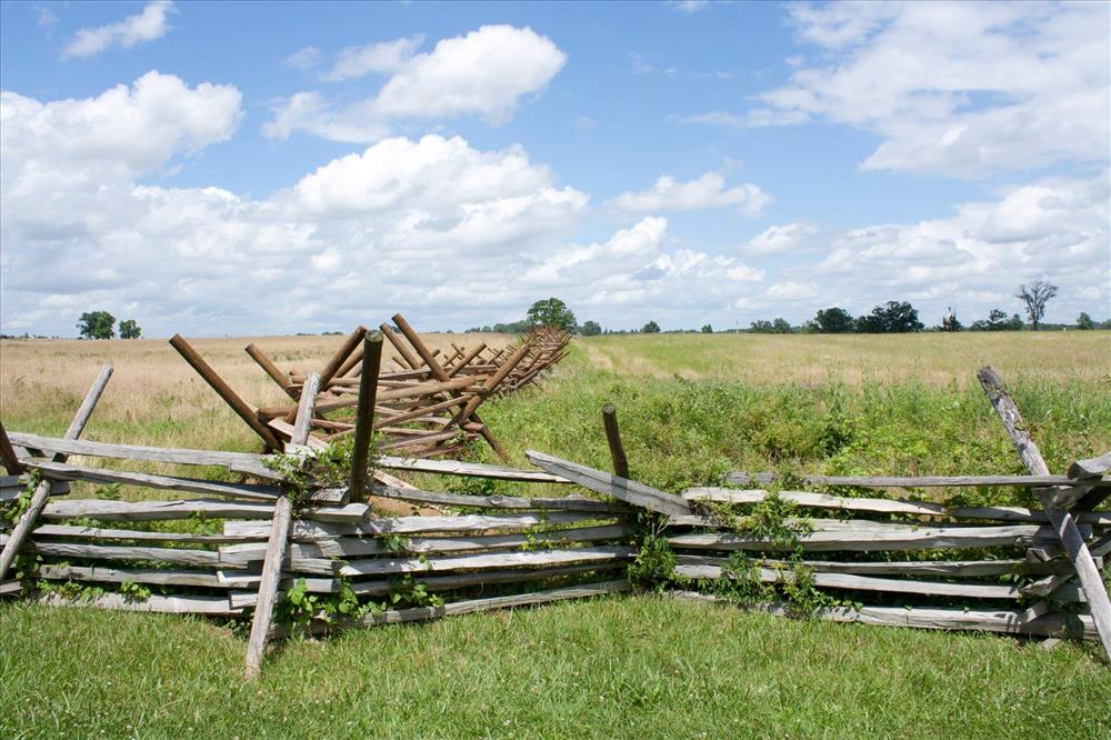 Wooden fence structures on an expansive green field.