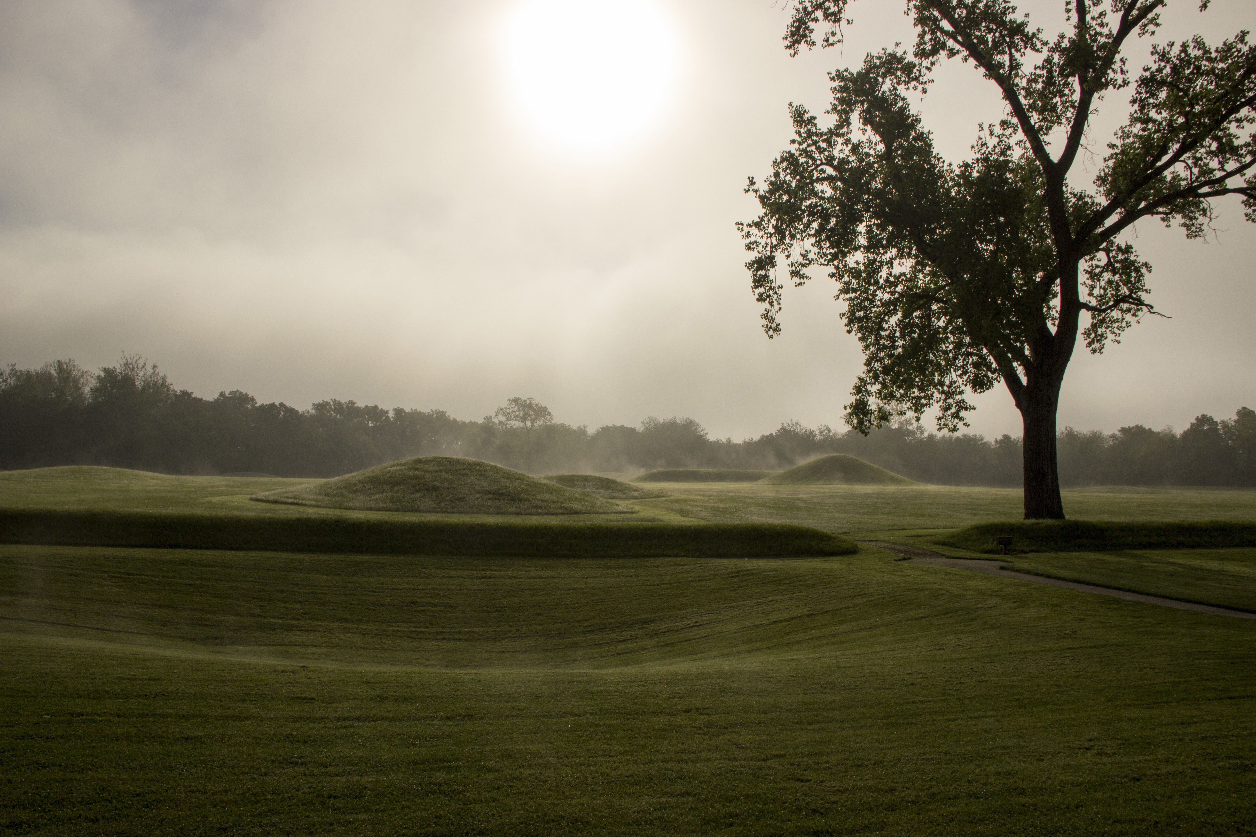 Hopewell Culture Earthworks NPS Engberg Steam fog lifts up from the mounds at Mound City Group on a cool summer morning