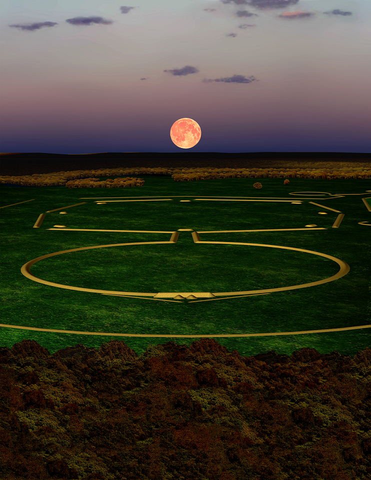 Moon rising over computerized Hopewell Earthworks site