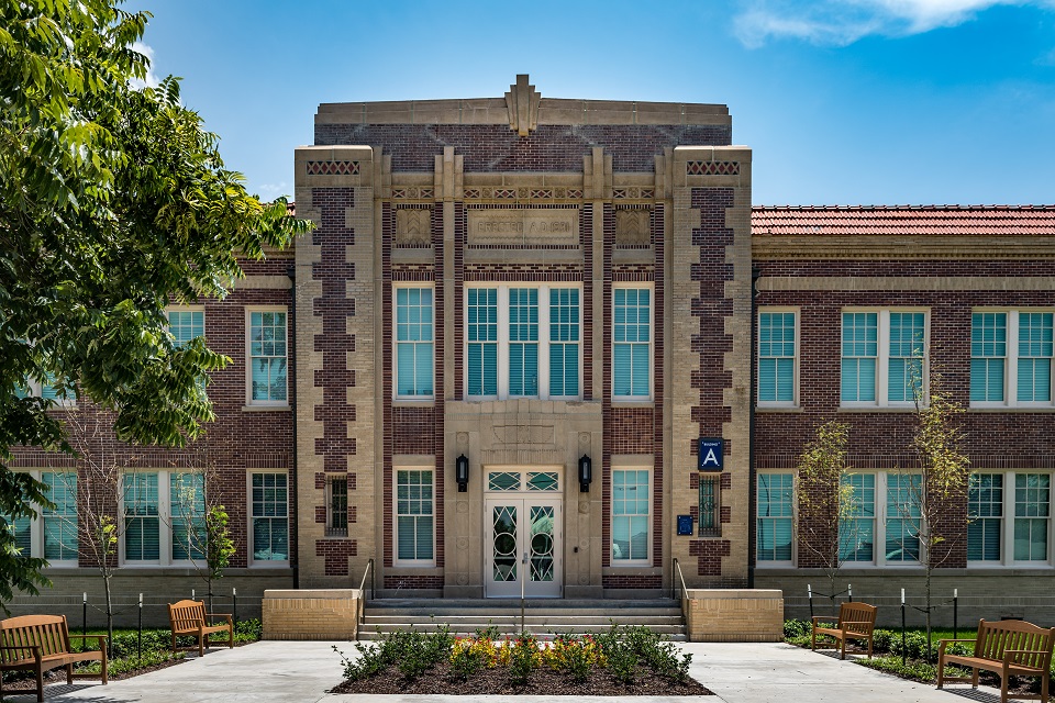 Entrance to the refurbished brick school building