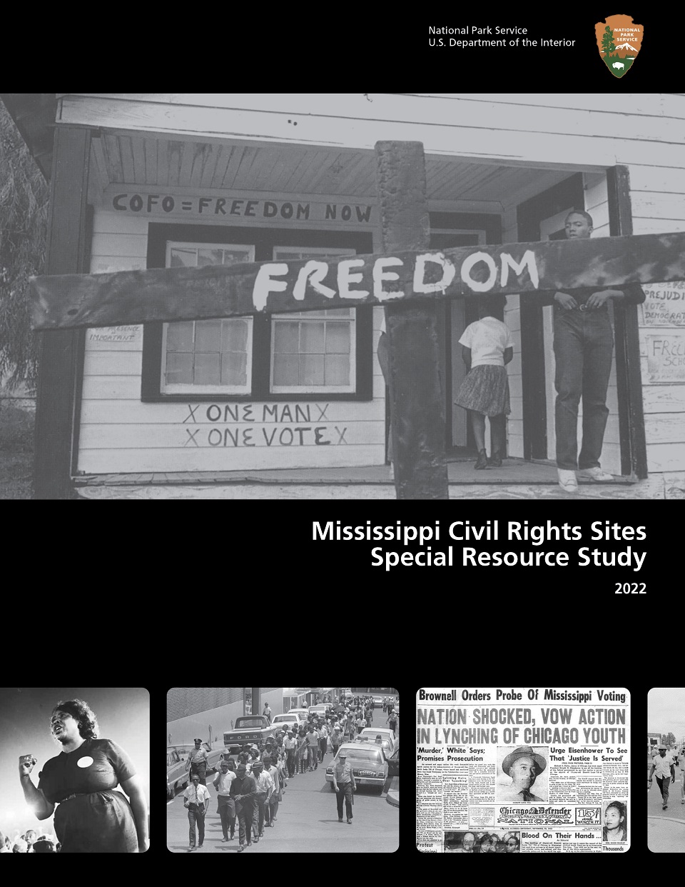 The document cover of the National Park Service Mississippi Civil Rights Sites 2022 Special Resource Study. The photo shows four photos of civil rights sites and leaders.