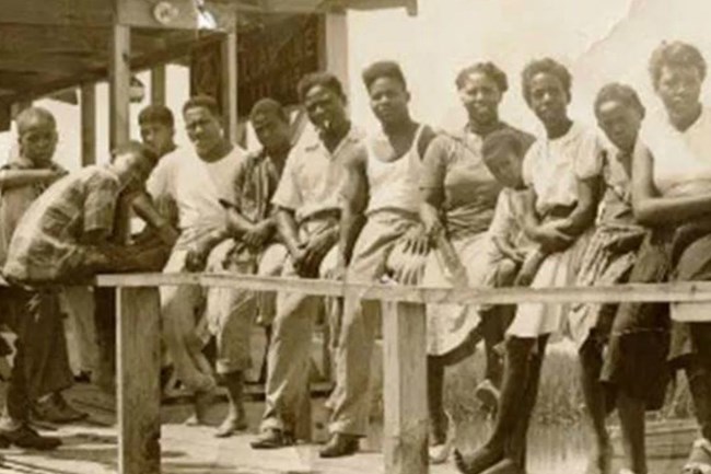 Group of visitors to Mosquito Beach in the 1950s