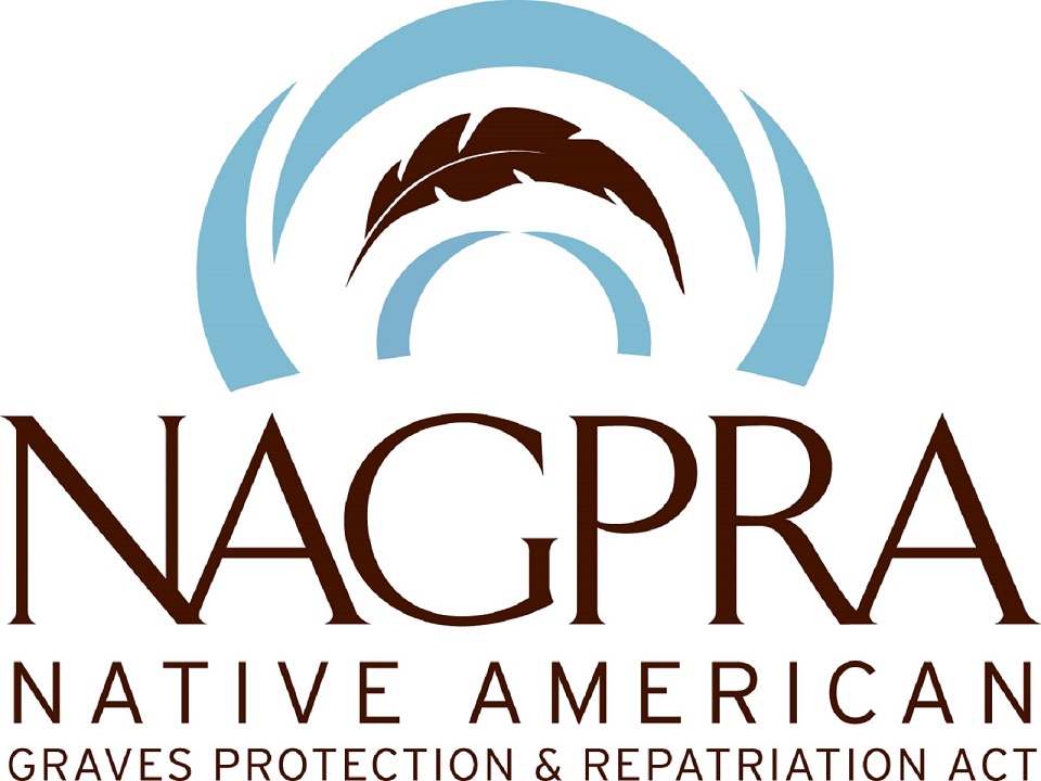 NAGPRA logo with feather within a semi-circle with text below reading "NAGPRA Native American Graves Protection & Repatriation Act"