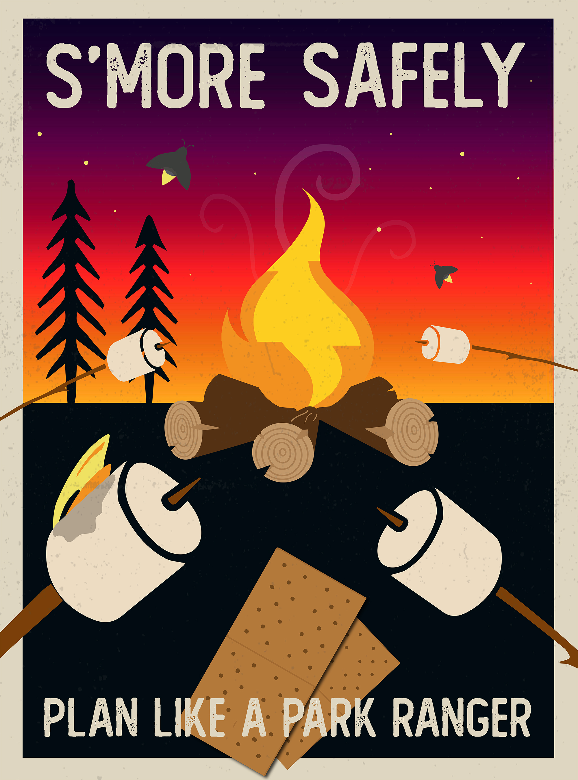 Graphic of a campfire and marshmallows roasting on sticks with the words "S'more Safely" at the top and "Plan Like A Park Ranger" at the bottom.
