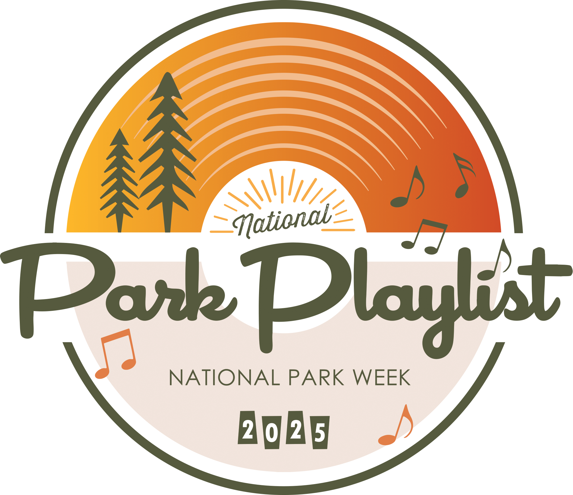 National Park Week Circle shaped graphic that looks like a phonograph record with a sketch of some trees and musical notes and the words National Park Playlist National Park Week.
