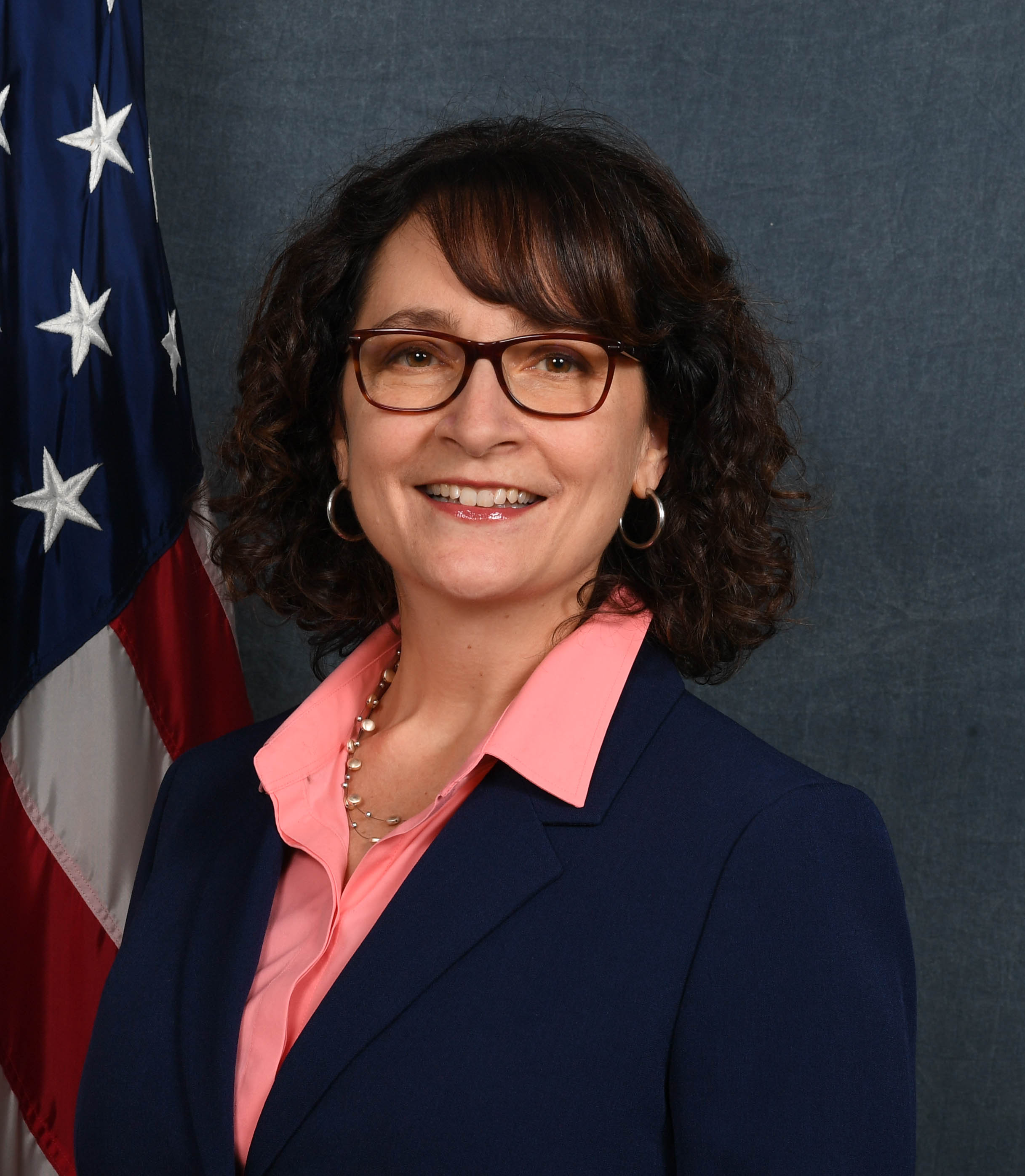 Nersesian Headshot A headshot of a woman with shoulder-length brown curly hair and glasses with a pink button-down blouse and blue blazer poses in front of an American Flag