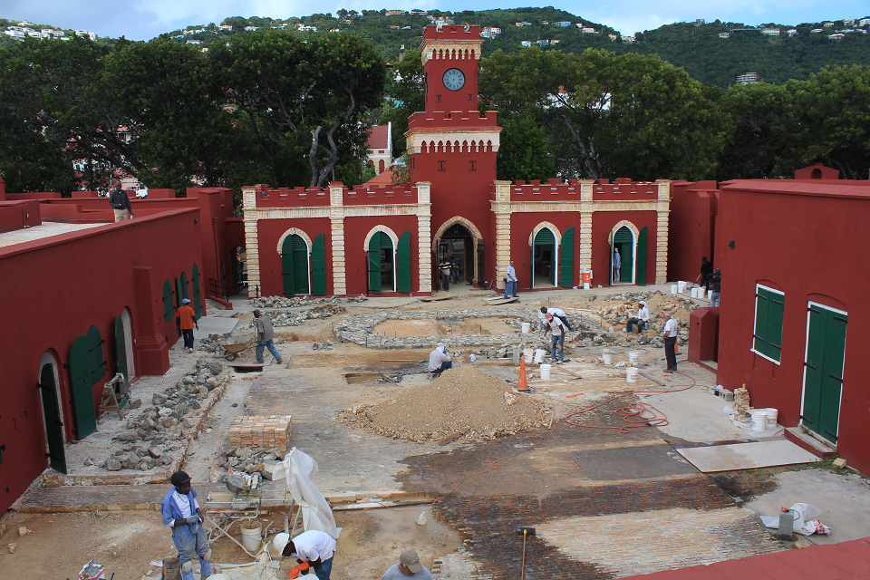 Masons and bricklayers work on Fort Christian.