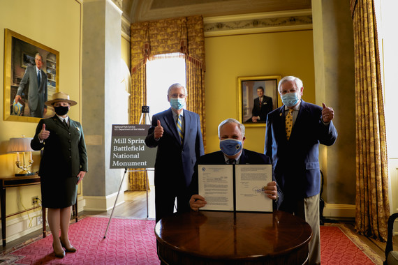 Secretary Bernhardt formally established the Mill Springs Battlefield National Monument, becoming the 421st unit of the National Park System At a signing ceremony today in the U.S. Capitol, U.S. Secretary of the Interior David L. Bernhardt, Senate Majority Leader Mitch McConnell and Congressman Hal Rogers formally established Mill Springs Battlefield National Monument in Nancy, Kentucky.