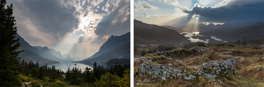Side by side images of Glacier and Killarney national parks showing sun shining on mountains.