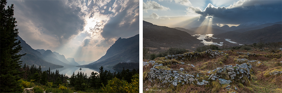 Sister parks Glacier and Killarney Side by side images of Glacier and Killarney national parks showing sun shining on mountains.