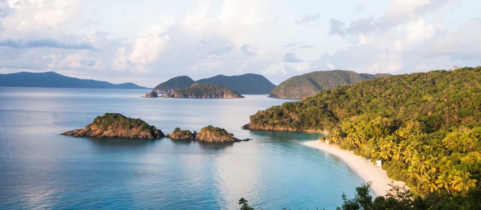 Trunk Beach at Virgin Islands National Park aerial view of island beach and blue waters