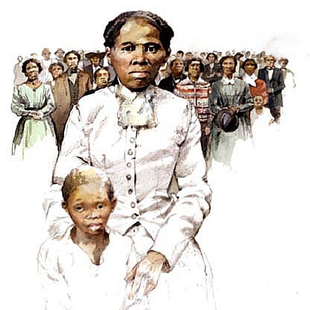 Sketch of Harriet Tubman in foreground with a crowd of people behind her.