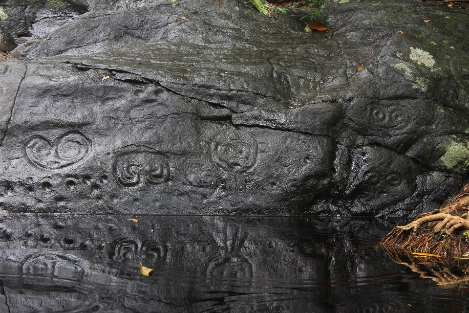 Petroglyphs on a rock surface reflecting in a pond