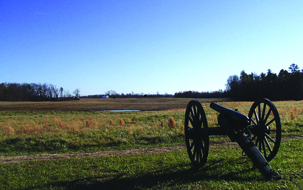 View of Malvern Hill battlefield with a cannon in the foreground
