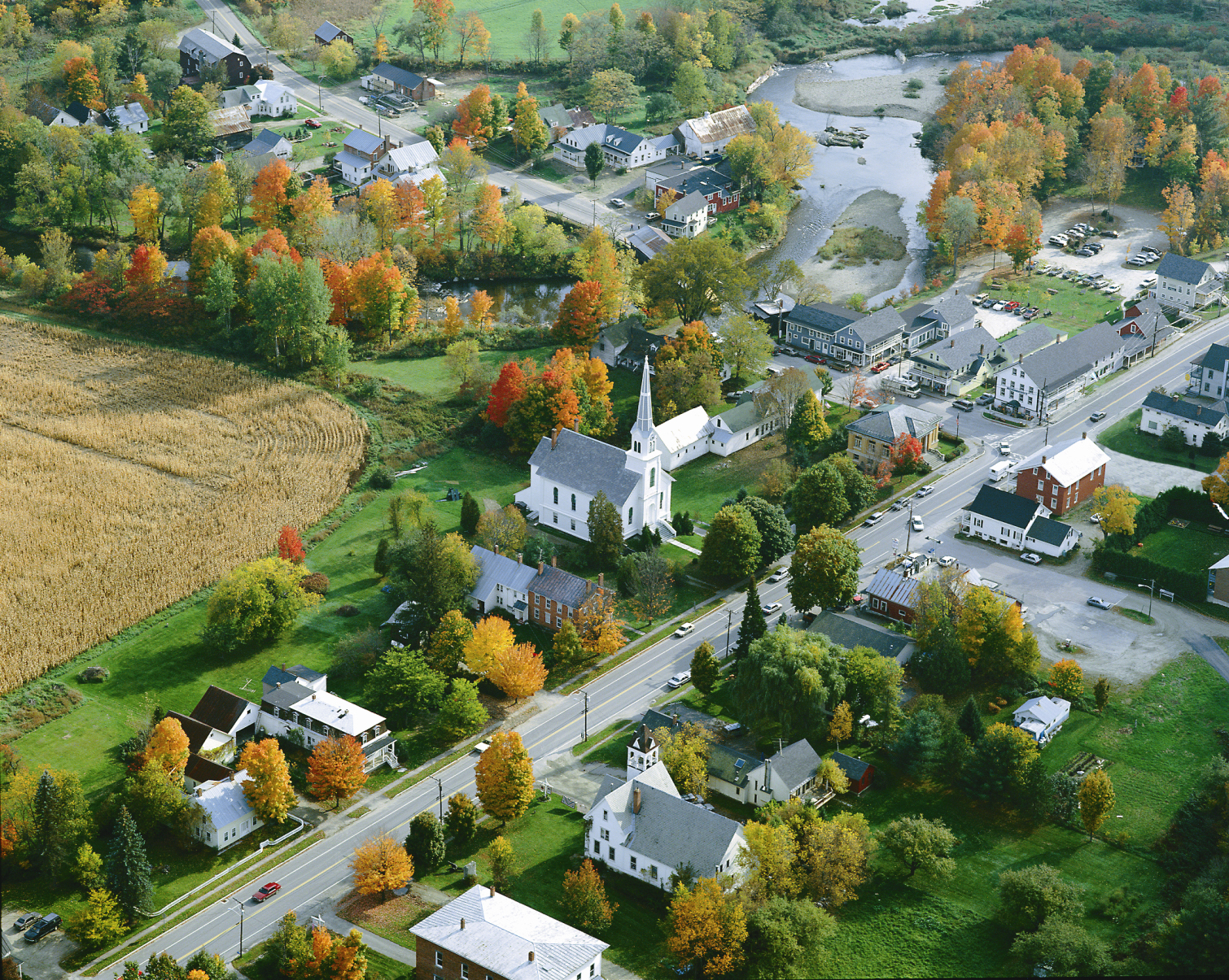 Waitsfield Village, VT Aerial view of a small rural town.