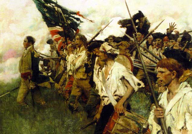 “Nation Makers” by Howard Pyle captures the spirit of the American Revolution
in this 1906 painting inspired by the events at Brandywine Battlefield. A painted image depicts a line of Colonial soldiers in worn shirts and bandages crossing a grass knoll in a dramatic left-to-right diagonal led by George Washington in front of a tattered American flag as smoke from cannon fire mixes with white clouds.