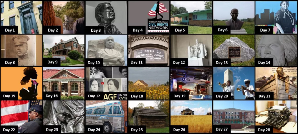 Black History Month Calendar Collage of 28 images in a calendar format representing a different Black history story each day in February.
