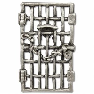 metal pin shaped like a jail cell door