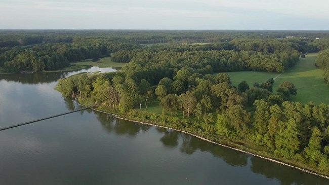 An aerial view of a lush green river bank.