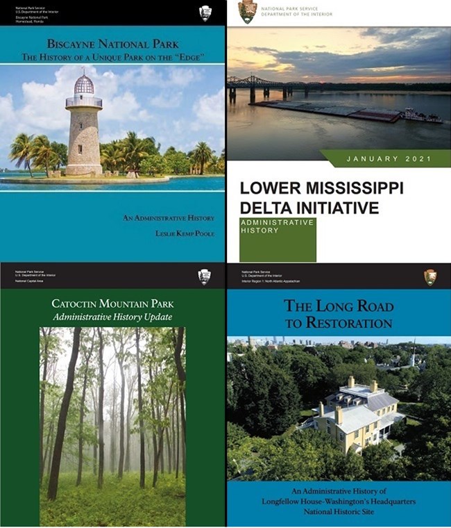 A grid showing four administrative history covers