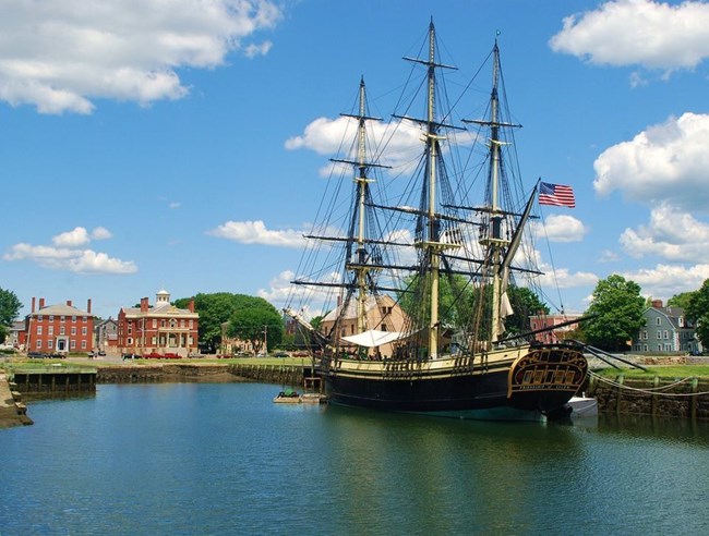 Replica of the Salem East Indiaman Friendship was built by the National Park Service using modern materials and construction methods while retaining the appearance of the original ship.