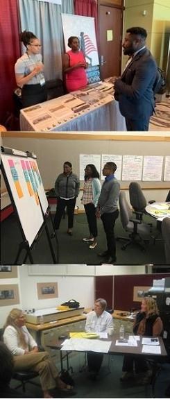 Park History Program staff at work. 3 images. Two people standing behind a display table talking to a third person, a group of three people looking at a large whiteboard with sticky notes, two people sitting behind an office table talking to a third person seated in front of the table.