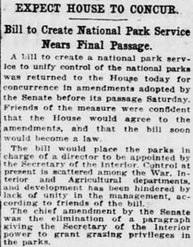 Newspaper article from 1916. The headline reads - Bill to Create National Park Service Nears Completion