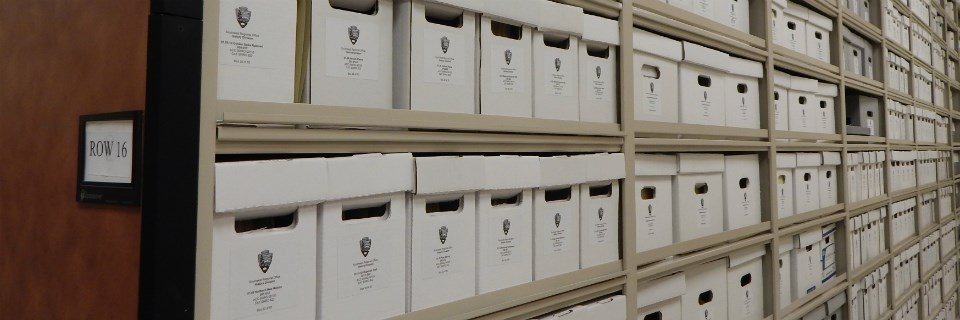 Shelving with white document boxes.