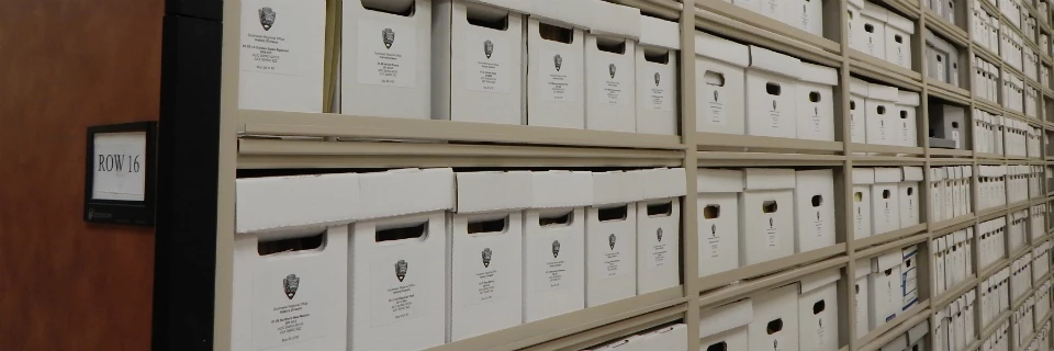 Shelving with white document boxes.