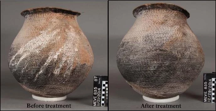 Two corrugated pots: one streaked with white and one clean.