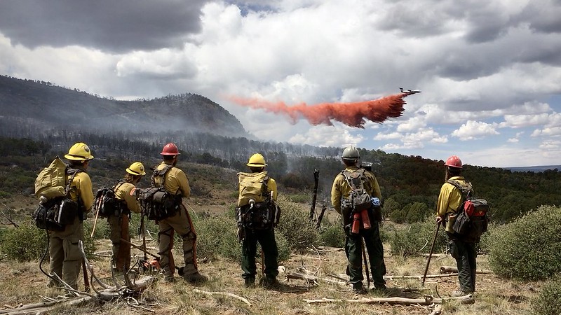 Wildland firefighters watch airtanker drop. Firefighters stand in a row on a ridge watching an airtanker drop fire retardant.