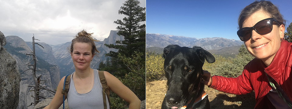 Abby Childs and Katie Hanson (with Murphy the dog) Left: Abby Childs with rock formations in background; Right: Katie Hanson and Murphy, a black dog, with mountains in the distance.