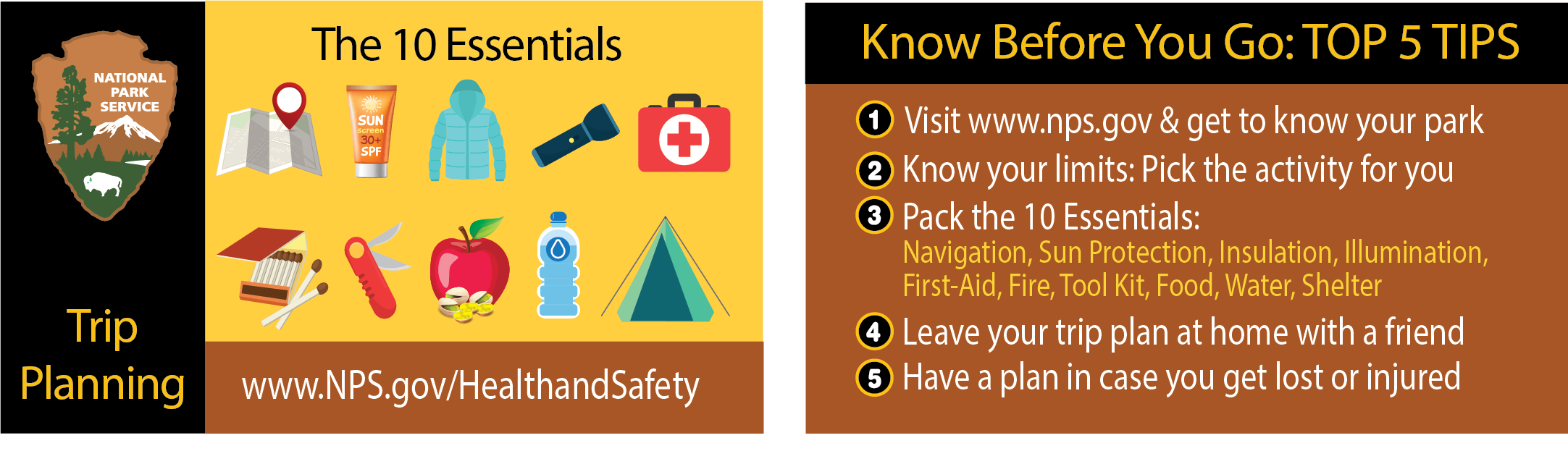 The NPS Trip Planning Banner: Know Before You Go. 1. Discover your park at www.nps.gov 2. Know your limits 3. Pack the 10 essentials 4. Leave your trip plan with a friend 5. Have a plan in case you get lost or injured. Visit www.nps.gov/healthandsafety The NPS Trip Planning Banner: Know Before You Go. 1. Discover your park at www.nps.gov 2. Know your limits 3. Pack the 10 essentials 4. Leave your trip plan with a friend 5. Have a plan in case you get lost or injured. Visit www.nps.gov/healthandsafety
