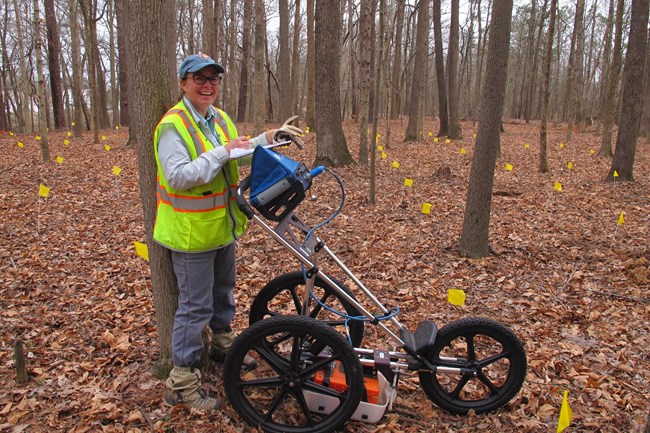 Archeologist, Meg Wilkes, Starting a GPR survey at PETE, Whitehill Field Quarters, 2020
